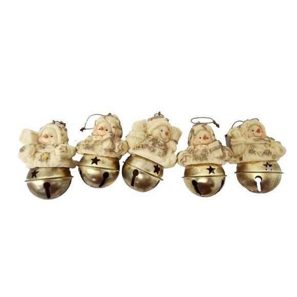 Vintage Snowman Christmas Tree Ornaments With Bells Resin And Brass Set Of 5 - Picture 1 of 8
